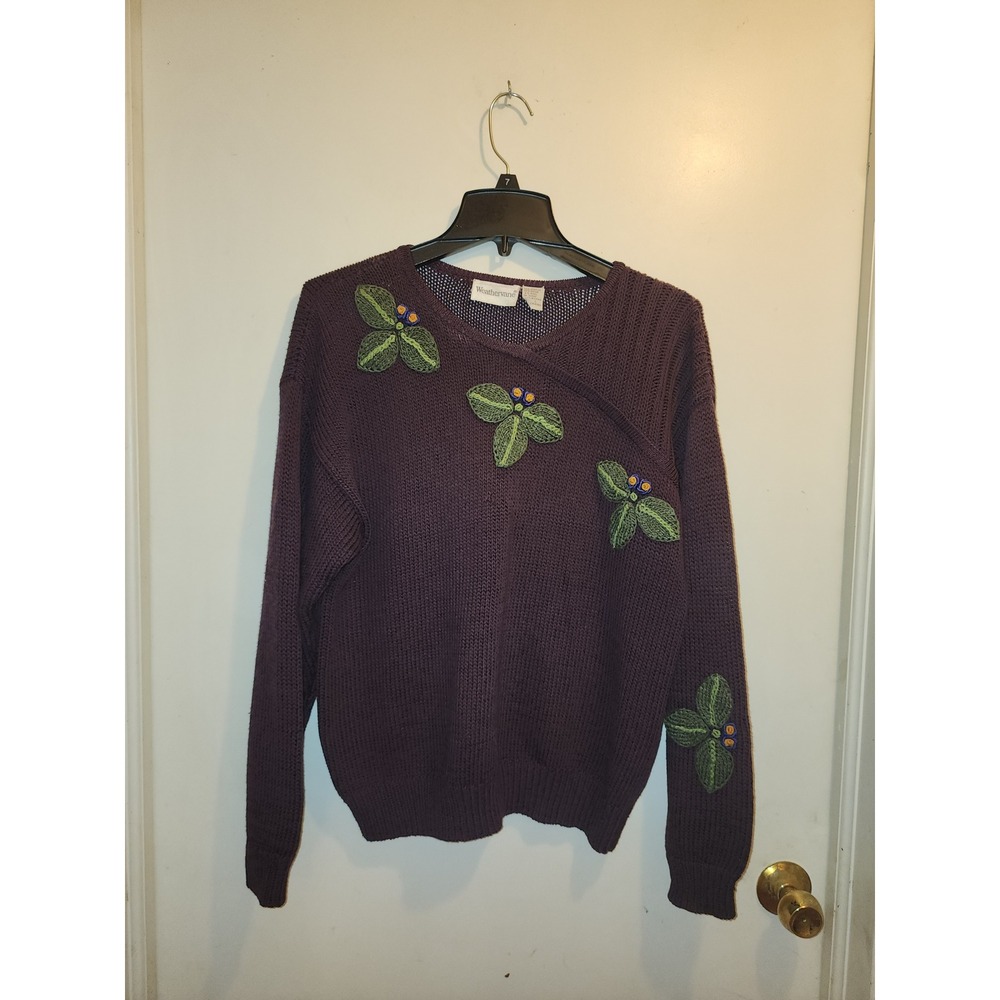 Weathervane Vintage Purple Knit Sweater Embroidered Leaves Berries Asymmetric L